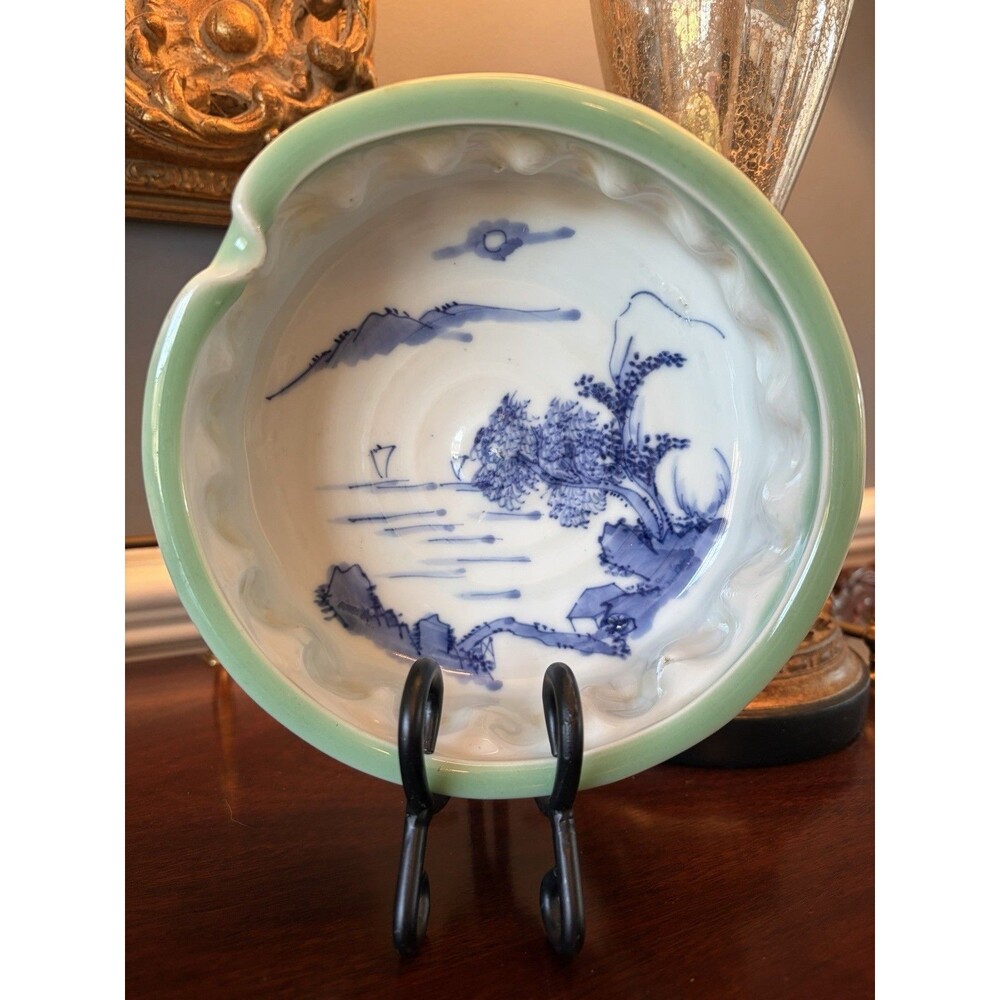 Antique Chinese Celadon Bowl Cuspidor with a Blue and White Painted Interior 7"